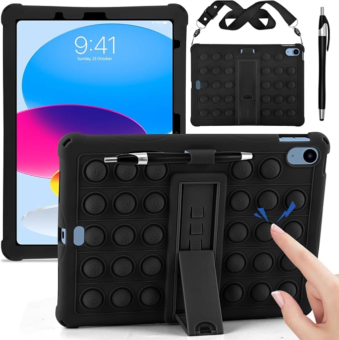 DETUOSI Silicone Case Compatible with iPad (A16) 11th Generation 11 Inch 2025 for iPad 10th Gen 10.9 Soft Case with Shoulder Strap &amp Stylus Pen Multi-Viewing Angles Black