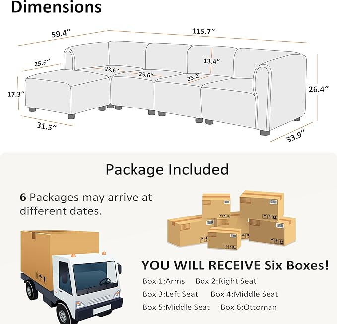 VANOMi Oversized Modular Sectional Sofa, L Shaped Sectional Couches for Living Room, 5 Seats Modular Sofa with Reversible Chaises, Cream White
