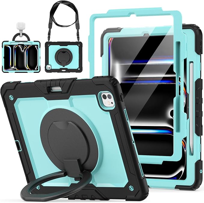 for iPad Pro 11 inch Protective Case M5 2025/M4 2024: Heavy Duty Shockproof Case with Pencil Holder - 360°Rotating Handle/Stand - Screen Protector - Shoulder Strap Black/Sky Blue