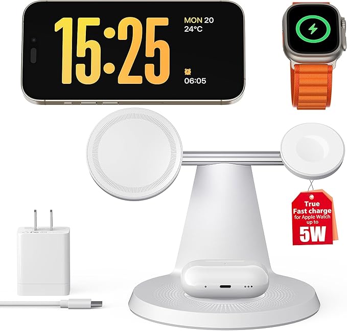 3-in-1 Wireless Charging Station for Apple Devices - Fast Charging Station for iPhone and Watch with MagSafe, Stable Charger Stand for iPhone 17 Air 16 15 14 13 12 Series & iWatch & AirPods