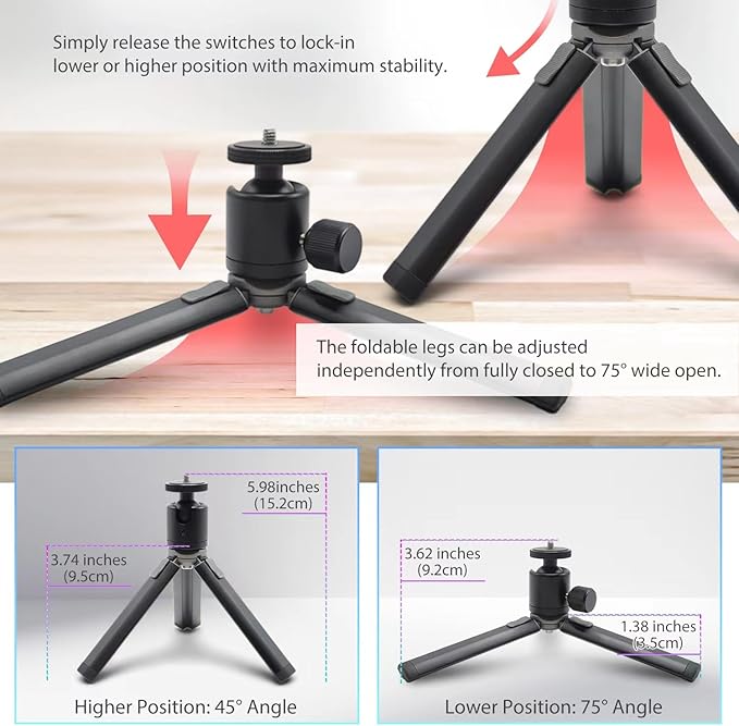 Kado Metal Portable Monitor Stand Tripod, 2-In-1 Phone/Tablet Clamp Portrait/Landscape, 100x100mm 75x75mm Wall/Arm Mount Adapater Bracket Plate, 360° Ball Head Compact for Projector, Camera and Webcam