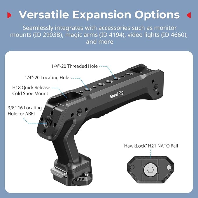 SMALLRIG Quick Release Top Handle, Dual-Direction & Compatible QR-Slide NATO Rail for ARRI with 1/4"-20 Screw, Ergonomic Design,15kg Max. Load,Built-in Multiple Mounting Points,HawkLock H21-5632