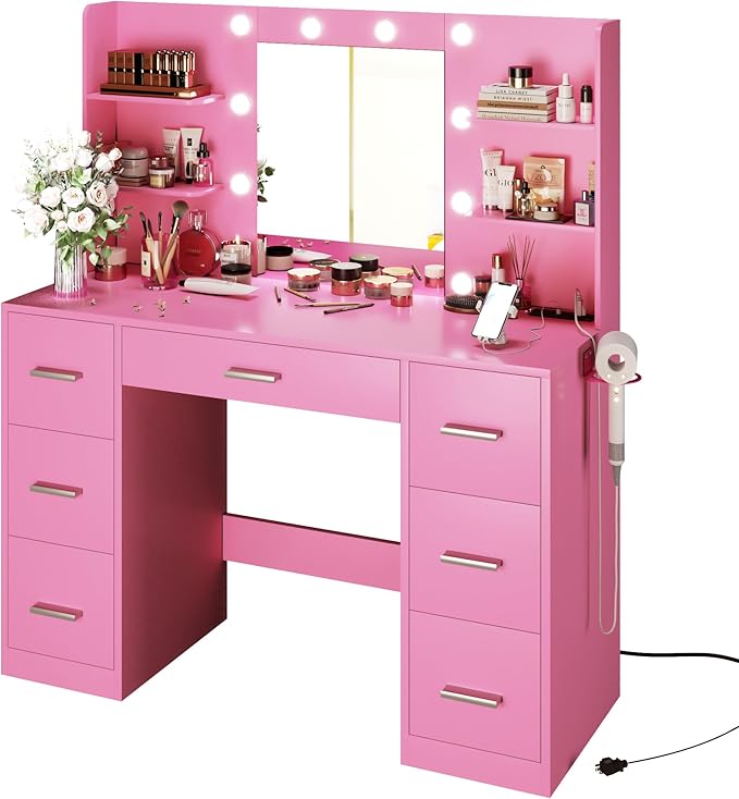 YESHOMY Vanity Desk with Mirror, Power Outlet and 10 Lights, Makeup Table with 7 Drawers, 3 Color Modes Available for Bedroom, Light Pink