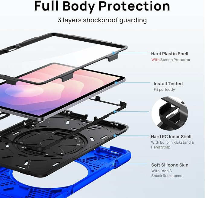 Gerutek Case for Samsung Galaxy Tab S10 FE+/ S10 FE Plus 2025 13.1 Inch Full-Body Drop Protective Case with Screen Protector Pen Holder 360° Rotate Hand Strap &amp StandShoulder Strap Black