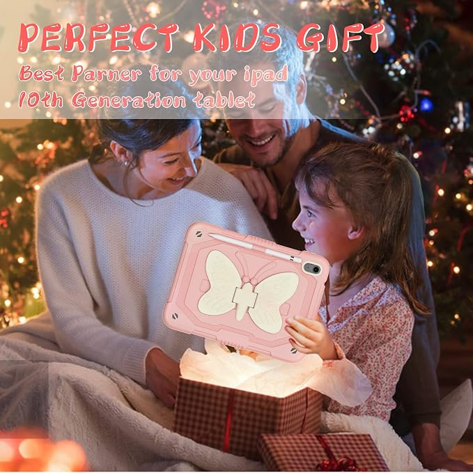 Ambison Kids Case for iPad A16 11th/10th Generation 11''/10.9'' Multicolor | 9H Tempered Glass Screen Protector Butterfly Stand Shoulder Strap Heavy DutyShockproof Pencil Holder