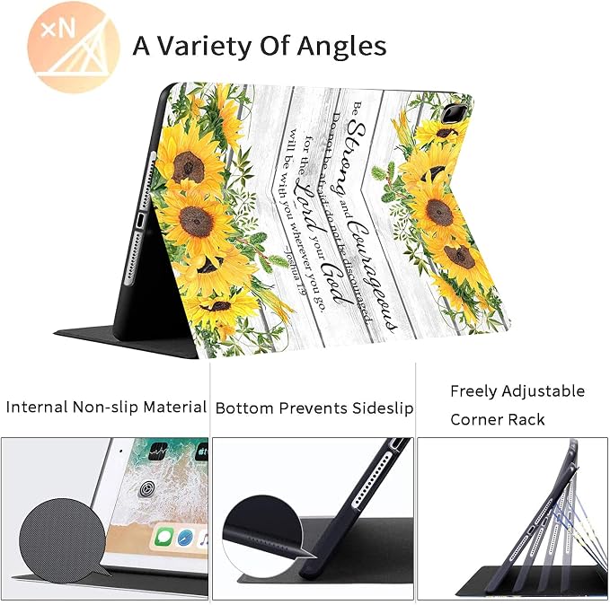 iPad 10.2/10.5 CaseCase for iPad 9th / 8th / 7th Generation (2021/2020/2019) 10.2 inch/ iPad Air 10.5 2019 Christian Bible Verses Scripture Joshua 1：9 Be Strong and Courageous Sunflowers