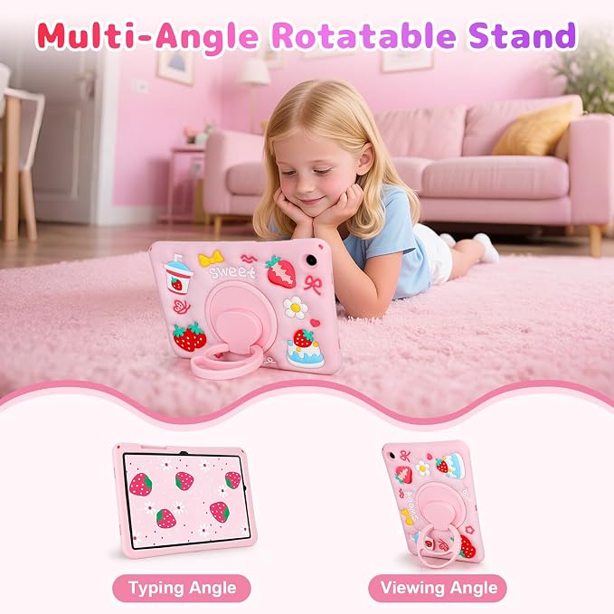VOFUOE for Samsung Galaxy Tab A11 Plus Case 2025 Galaxy Tab A9 Plus Case 2023 11 Inch for Kids Girls with Shoulder Straps Rotating Stand Strawberry Yogurt Cake Soft Silicone Protective Cover-Pink