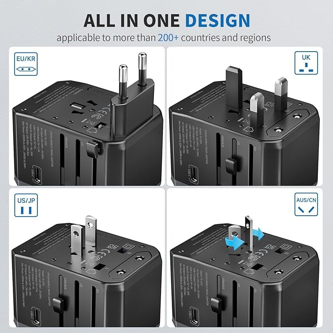 EPICKA Universal Travel Adapter, International Power Adapter with 2 USB-A & 3 USB-C Ports Wall Charger - Worldwide Travel Essentials, European Travel Plug Adapter for UK/US/AU (TA-105C, Black)