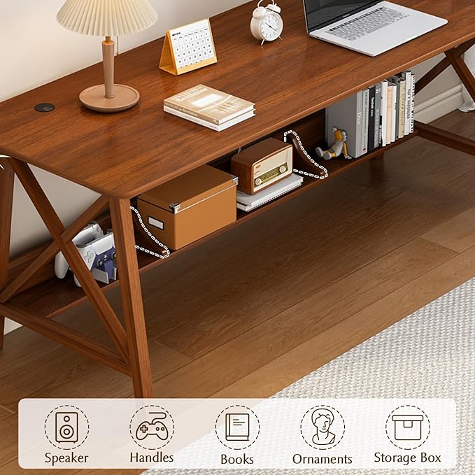 Extra Long Desk with Bookshelf - Wooden Home Office Work Study Table, 2-Person Writing Computer Workstation with Storage Shelf in Walnut, 71" Wx24 Dx30 H