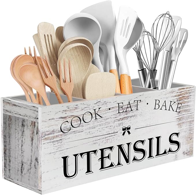 Suli Extra Large Kitchen Utensils Holder with 4 Compartments, Wooden Utensil Organizer for Kitchen Countertop, Farmhouse Decor, Rustic Cooking Utensil - White grain