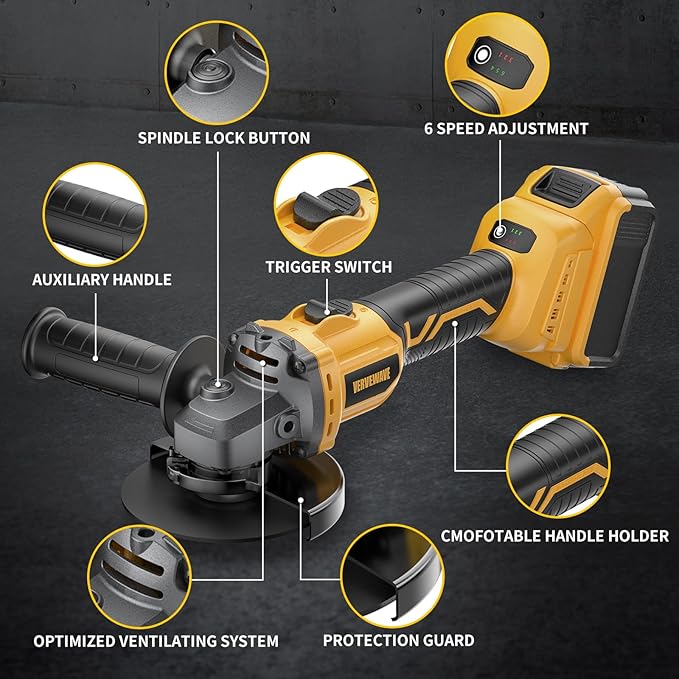 Angle Grinder 4-1/2" Brushless for Dewalt 20V Battery, 6 Variable Speed Power Grinder, Cordless Angle Grinder Power Tools For Cutting Grinding Polishing (Tool Only)