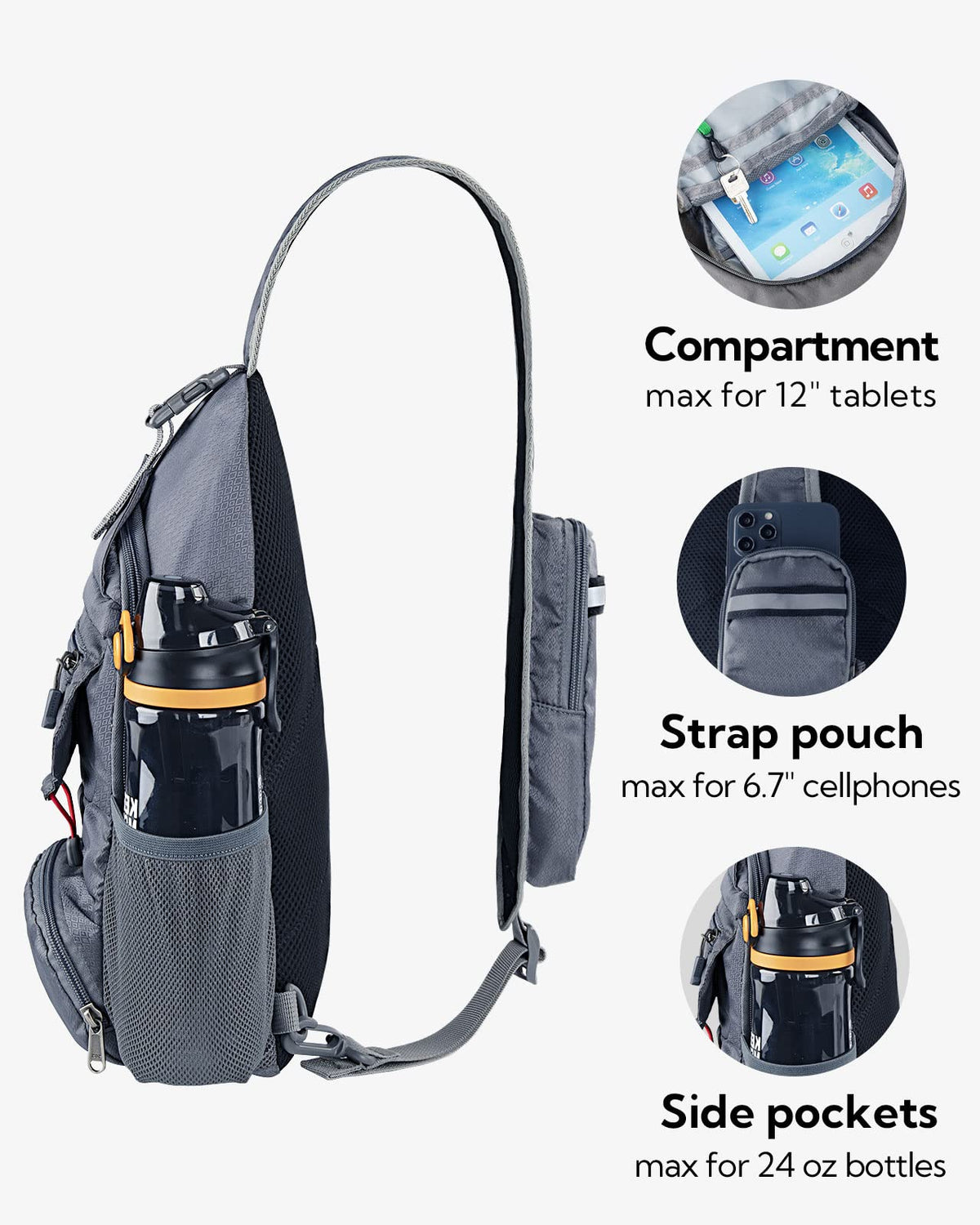 WATERFLY Packable Small Crossbody Sling Backpack Shoulder Chest Bag Daypack for Hiking Traveling Grey