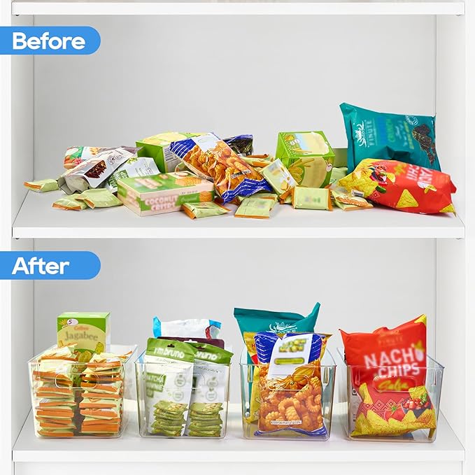 JollyPack 4 Pack Clear Plastic Storage Bins, Pantry Organizers and Storage with Handles, Clear Storage Containers for Fridge, Kitchen, Cabinet, Bathroom and Office