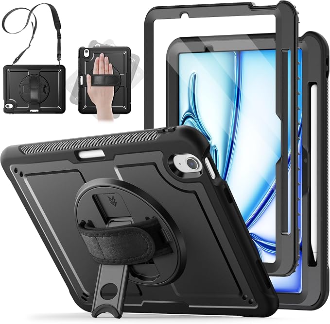 SCSVPN Kids Case for iPad Air 11 Inch M4 2026 / M3 2025 / M2 2024 Heavy Duty Shockproof Silicone Protective Case with Pencil Holder-Screen Protector-Rotating Stand-Handle-Shoulder Strap (Blue+Red)