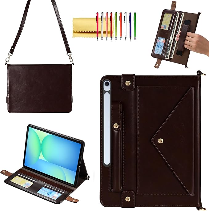 Handbag Case for Samsung Galaxy Tab S10 FE/S9 FE 10.9/S9/S8/S7 11 Techcircle Folio Stand Crossbody Wallet Protective Cover with S Pen Holder &amp Card Slots Hand Strap &amp Shoulder Strap Black