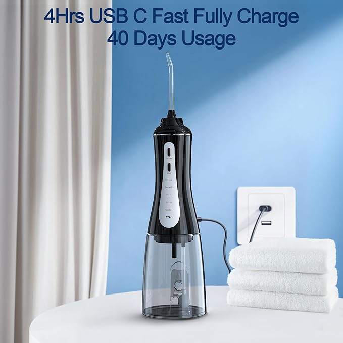 MOCEL Water Dental Flosser Oral Irrigator with 5 Modes, 350ml Cordless Water Teeth Cleaner Pick 6 Tips, IPX7 Waterproof Rechargeable Portable Powerful Battery for Travel & Home Braces & Bridges Care