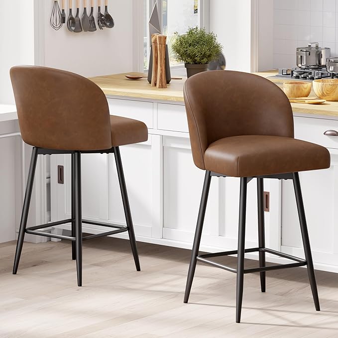 Counter Height Bar Stools Set of 2,360° Swivel Barstools with High Back and Metal Legs,26" Seat Height, Upholstered PU Leather Bar Chairs for Kitchen Island, Dining Room,Cafes,Brown