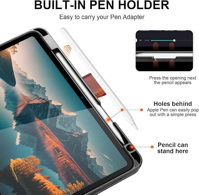 Leather Case for iPad 11th/10th Gen (11/10.9) Black | Genuine Leather Pencil Holder Adjustable Stand Magnetic Closure Auto Wake/Sleep