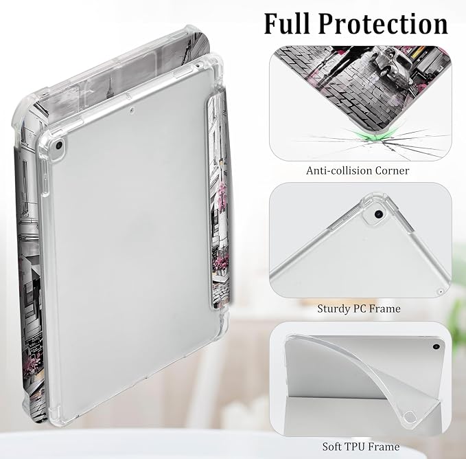 Lokigo for iPad 9th/ 8th/ 7th Generation Case 10.2 Inch (2021/2020/2019 Release) iPad Air 10.5 (3rd Generation) 2019 /Pro 10.5 2017 Case with Translucent Hard Shell Back -Flowers