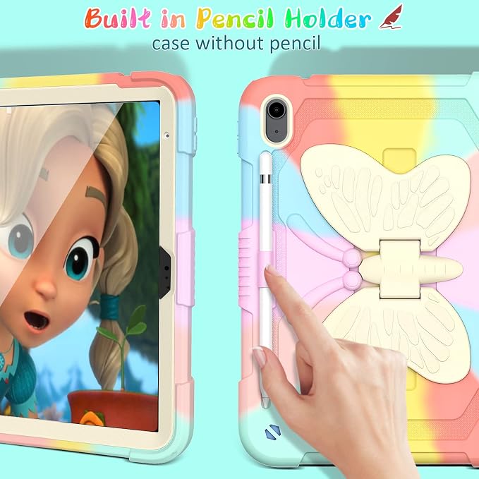 Ambison Kids Case for iPad A16 11th/10th Generation 11''/10.9'' Multicolor | 9H Tempered Glass Screen Protector Butterfly Stand Shoulder Strap Heavy DutyShockproof Pencil Holder
