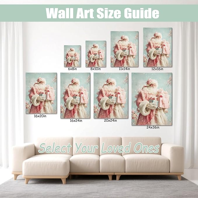 Pink Santa Christmas Canvas Wall Art - Elegant Winter Decor Framed Print for Girls Bedroom, Vintage Christmas Wall Art with Glitter Accents, Ready-to-Hang Christmas Gifts for Women