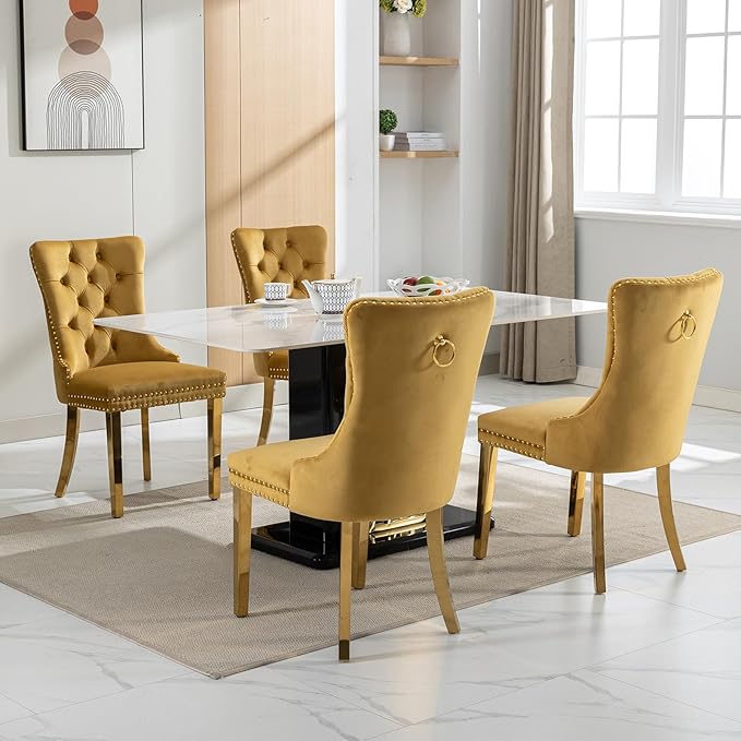 Luxury Upholstered Dining Chairs Set of 2, Yellow Kitchen Chair with Golden Metal Legs, Velvet Tufted Back Dining Chair, Sillas de Comedor, Modern Kitchen & Dining Room Chairs (Gold, 2 Pcs)