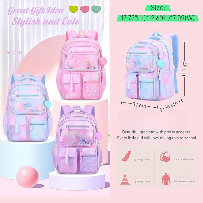 Backpack for Girls Cute Bow Kids Backpack for Elementary School Students Bookbag Middle School Bags for Girls Travel Back Pack, Dreamy Purple