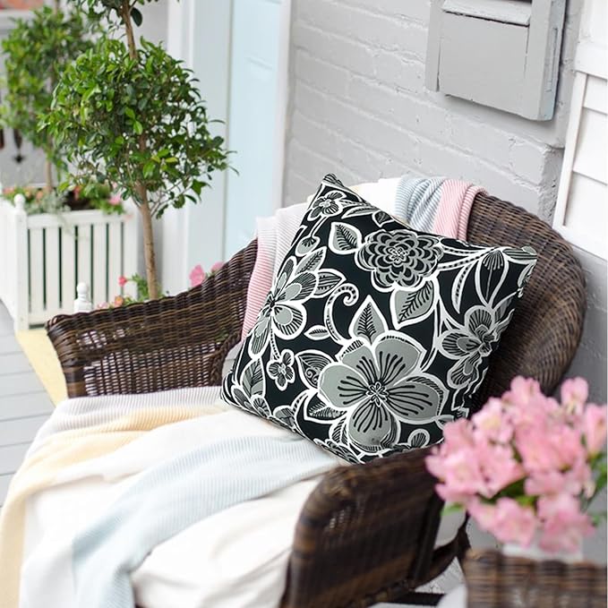 Outdoor Pillows for Patio Furniture 20x20 inch, Square Outdoor Throw Pillows with Inserts, Decorative Patio Pillows for Garden Couch Home Sofa Office Chair, Pack of 2,Flower Black