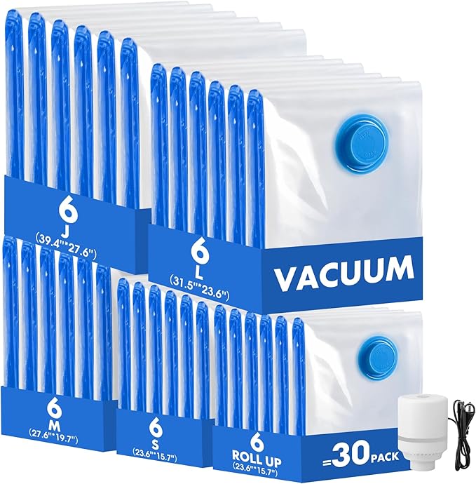 30 Pack Vacuum Storage Bags with Electric Pump, Compression Space Saver Vacuum Seal Bags 6 Jumbo/6 Large/6 Medium/6 Small/6 Roll Up Bags for Clothing Travel Comforters Blankets Pillows Bedding Duvets
