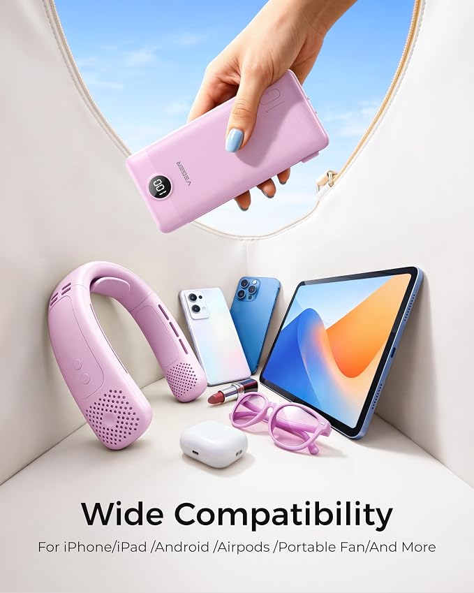 VEGER Portable Charger for iPhone Power Bank Built in Cable and Wall Plug | 10000mAhUltra Slim&ampCompact5 OutputsLED DisplayFlight-SafeTravel Essentials Battery Pack for iPhone 17iPad Samsun