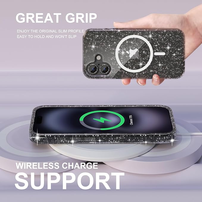 Choiche for iPhone 15 Pro Max Case Compatible with MagSafe Glitter Black | Women Girly Cute Glitter Sparkly Magnetic Phone Case with Diamond Camera Lens Protectors Military-Grade Drop Protection 6.7