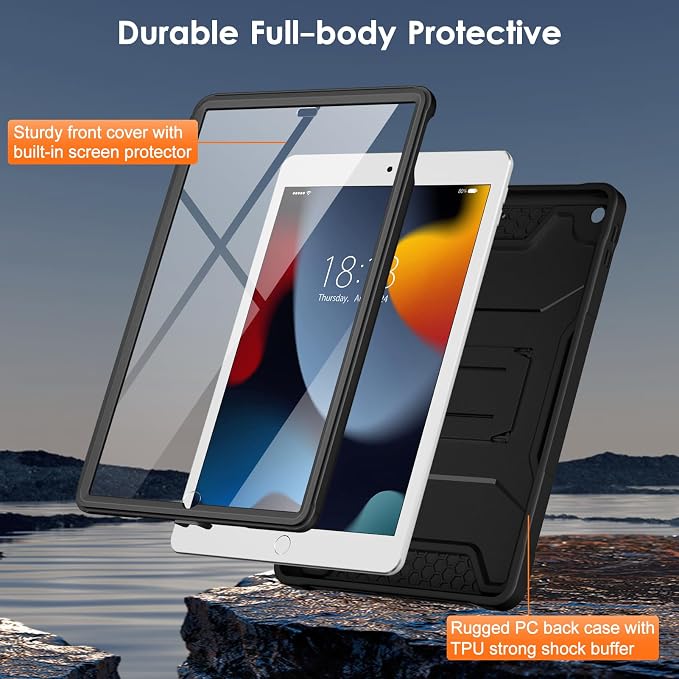 DTTO Case for for iPad 9th/8th/7th Generation 10.2-inch Black | Durable Shockproof Protective Cover Built-in Screen Protector &amp Kickstand Corner Protection
