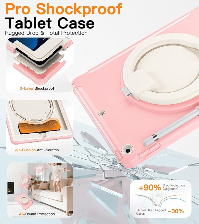 BATYUE Shockproof Case for iPad 9th 8th 7th Gen 10.2 Inch Black | 3in1 PC+TPU Heavy Duty 360° Rotatable Ring Stand for Grip Carry Hang &amp Multi-Angle View Screen Protector Pencil Holder