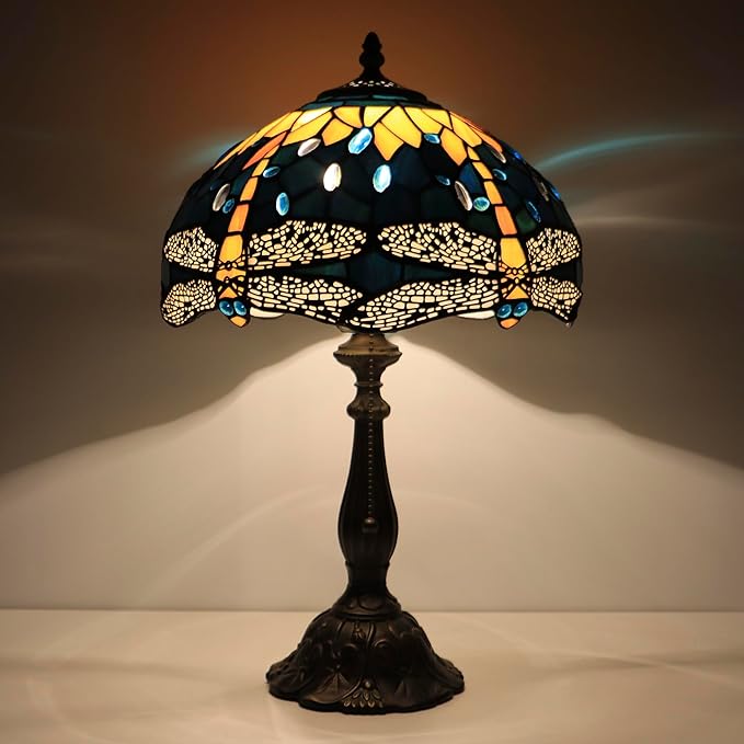 Tiffany Lamps Yellow Dragonfly Style Stained Glass Table Lamp Desk Bedside Reading Light 12X12X18.5 Inches with Bronze Resin Base Applicable to Bedroom Living Room Office