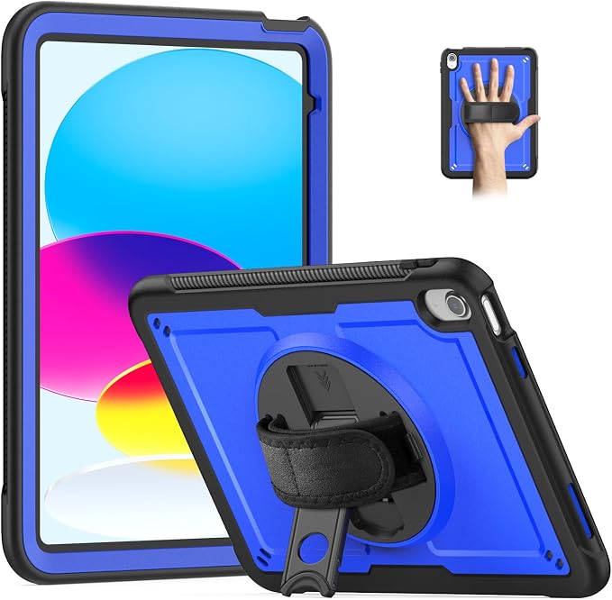 Case for iPad (A16) 11th Generation 11 inch 2025 Lightweight Rugged Dual-Material Design 360° Rotating Adjustable Leather Hand Strap Foldable Kickstand Durable with Full ProtectionBlue