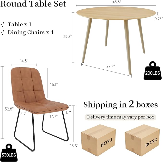 43.3 Inch Round Dining Table Set for 4, Modern Small Kitchen Coffee Set for Dining Room Kitchen Apartment (Cream Table+4 U-Shaped Brown Chairs)
