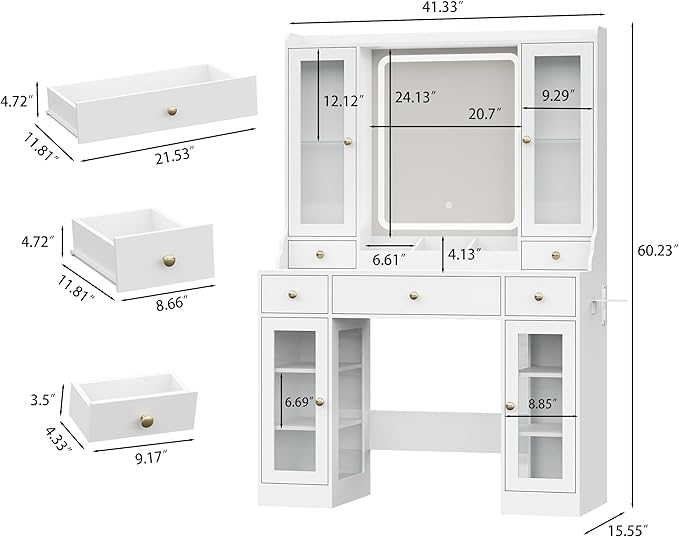 White Vanity Desk with Mirror and Lights, Makeup Vanity Table with Lighted Mirror, 5 Drawers & RGB Cabinet, Dressing Table Set with Charging Station for Girls Bedroom, 3 Lighting Modes