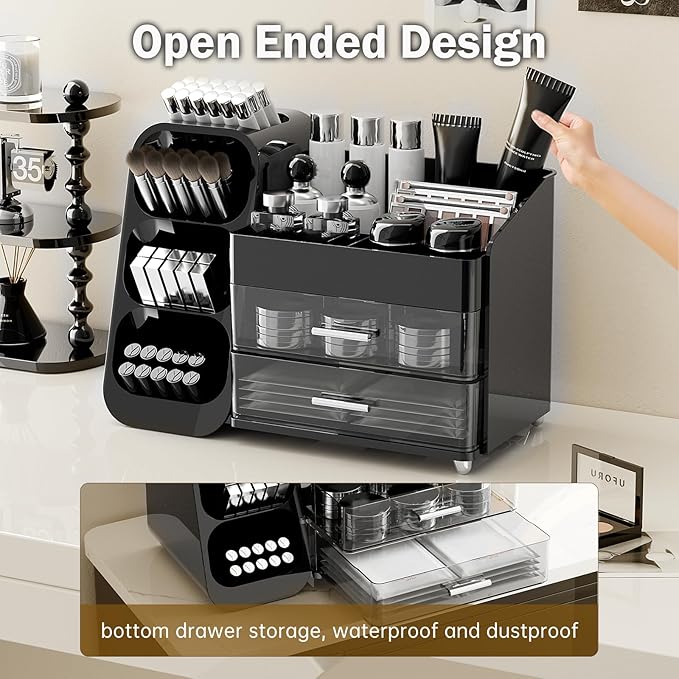 Makeup Organizer for Vanity with Brush Holder, Countertop Organizer with 2 Drawers, Spacious Cosmetic Display Case for Beauty Essential, Skincare, Lipstick