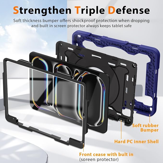 ROISKIN for iPad Pro 11 inch Case (M5/M4 (2025/2024)) Pro 11'' 6th/5th Gen -with HD Screen Protector 360 Kickstand/Handle Shoulder Strap Pen Holder Heavy Duty Military Grade - Kids Friendly
