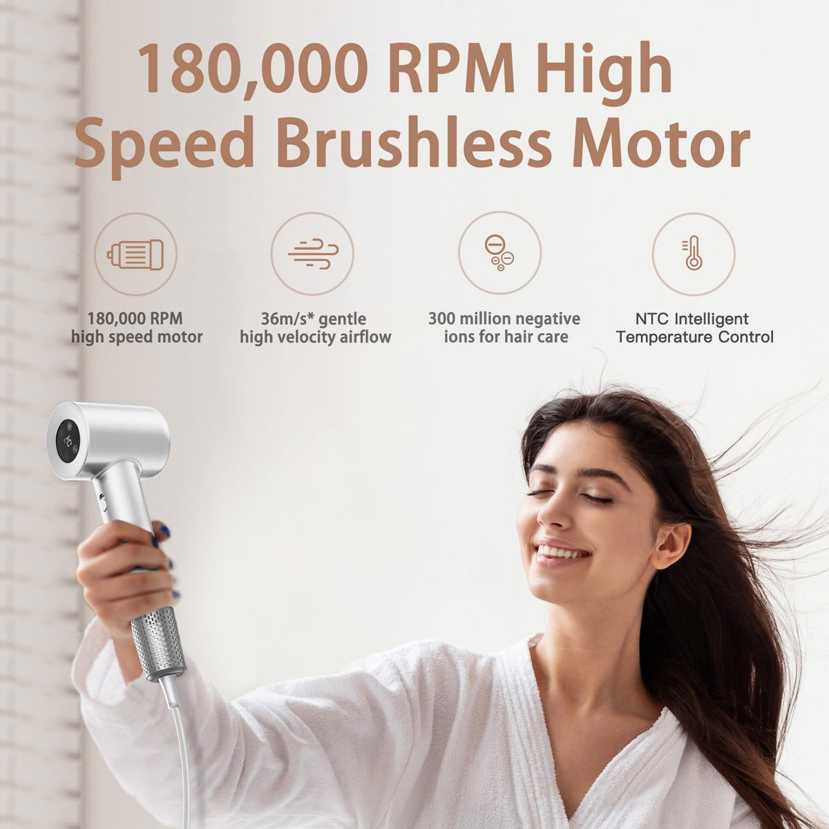 Hair Dryer, 180000 RPM Professional High Speed Blow Dryer Negative Ionic Care Hair Dryer for Fast Drying, Low Noise, HD Display Hairdryer for Curly Straightener, Thermo-Control Hairdryer with Nozzle
