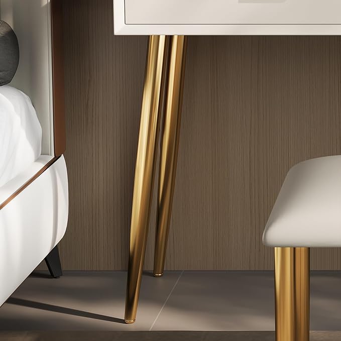 IKuinen Makeup Vanity Desk with Mirror and Lights, Small Vanity Table with 2 Drawers, Stool, Vanity Set for Bedroom with Leather, 3 Lighting Modes - 31.5In Beige