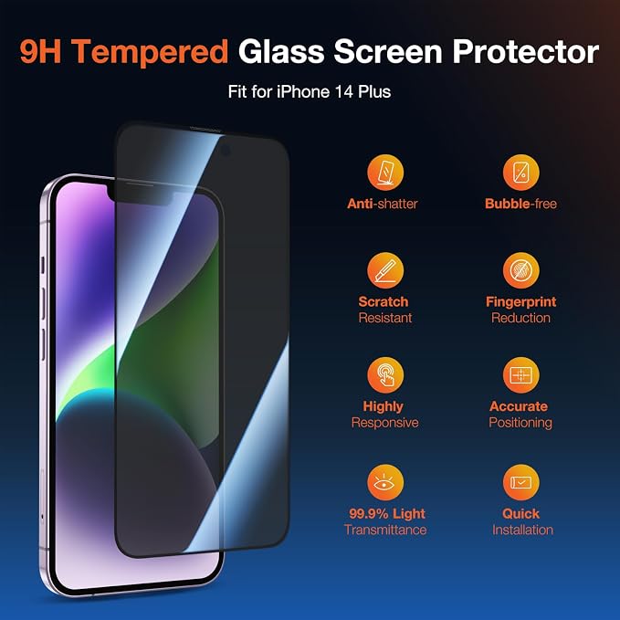 KUZOOM 2Pack Privacy 9H+ Tempered Glass Screen Protector for iPhone 13 | 9H+ Tempered Glass 100% Fingerprint Unlock Automatic Dust Removal Anti-Scratch Protection