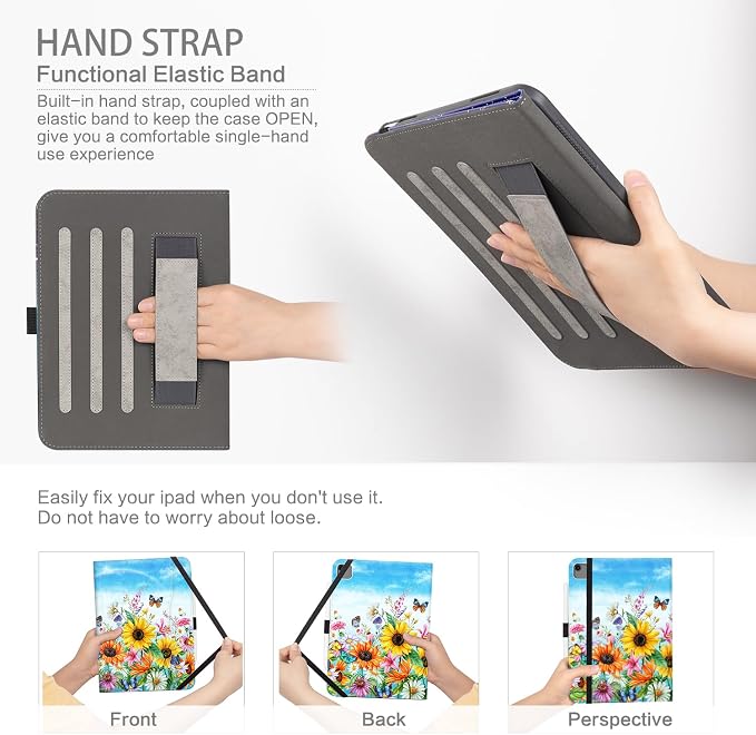 Case for iPad Air 13-inch M4/M3/M2 iPad Pro 12.9 6th/5th/4th/3rd Generation Case with Pencil Holder Multi-Angle Adjustable Stand Shockproof Pocket/Hand Strap/Auto Wake Sleep Sunflowers Butterfly