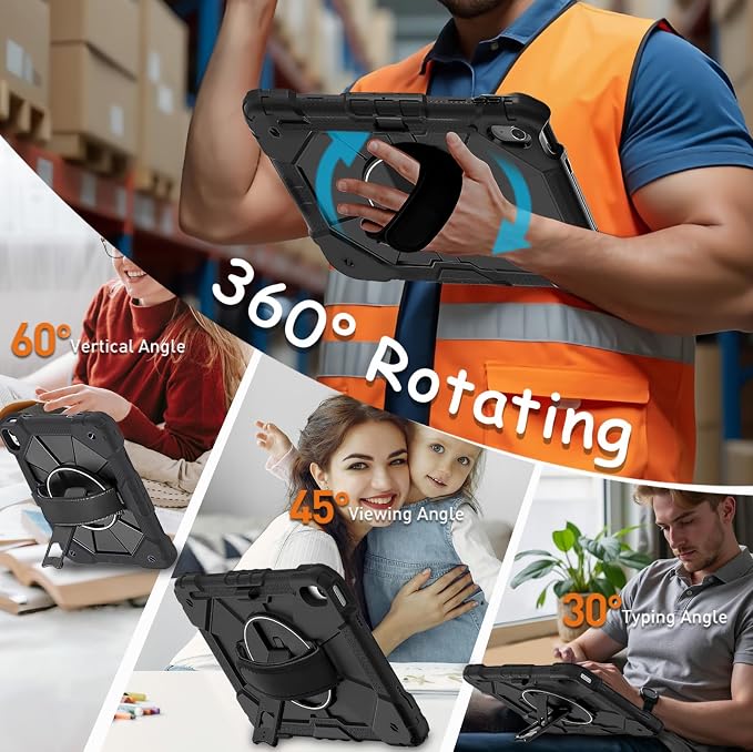 Weuiean Case for iPad A16 11th/10th Generation 11/10.9 Military-Grade Heavy-Duty Shockproof Cover with 360° Rotating Stand Built-in Pencil Holder &amp Adjustable Hand/Shoulder Strap - Black