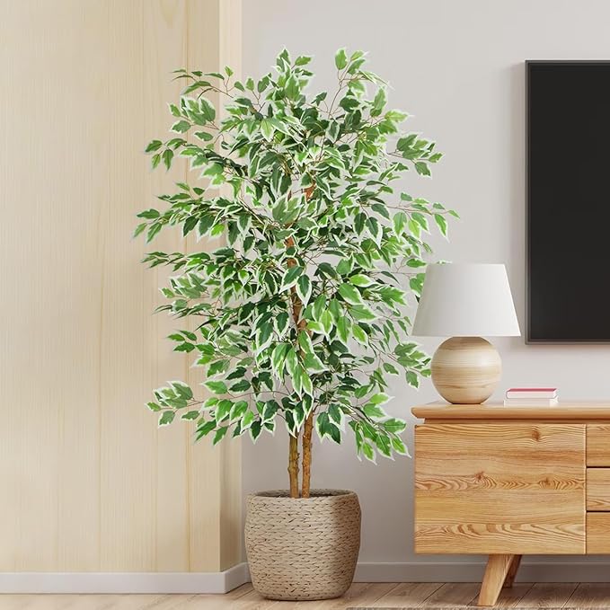 GTIDEA 2 Pcs 5ft Ficus Artificial Trees, Tall Faux Trees Indoor with Natural Trunk and Fake Silk Tree Fake Plants for Home Fall Decor Living Room Outdoor Balcony House Office (Included Dried Moss)