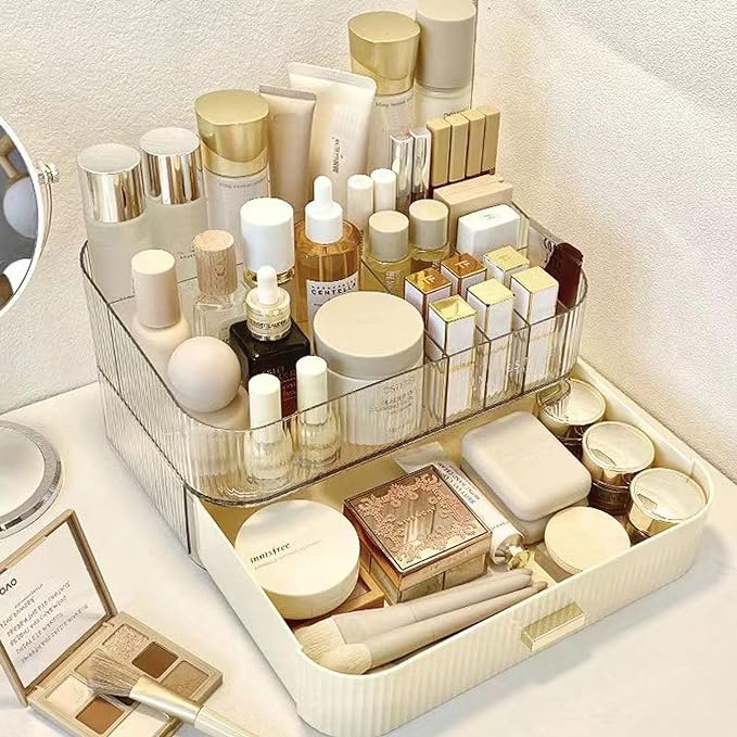 MIUOPUR Makeup Organizer with Stackable Drawers, Bathroom Vanity Organizers and Storage, Ideal for Desk and Dresser Countertops, Great for Cosmetics, skincare, Lipsticks, Nail Care -Cream