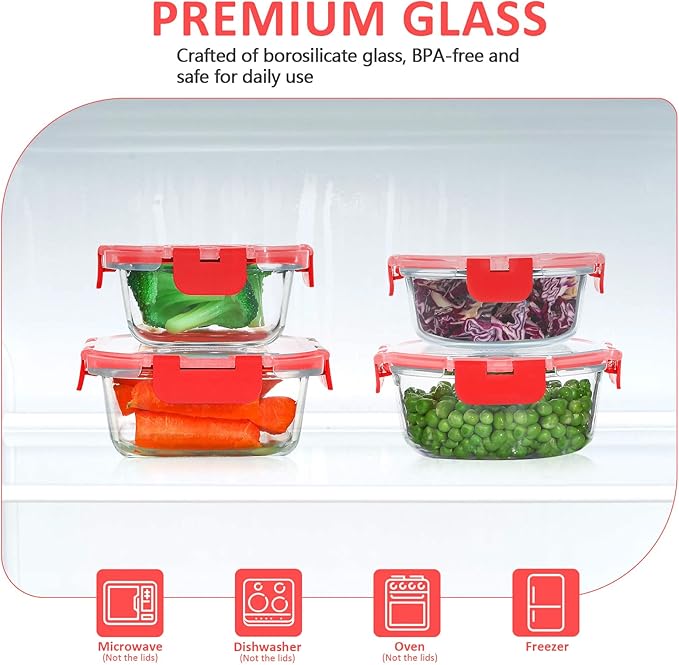 KOMUEE 24 Pieces Glass Food Storage Containers Set, Meal Prep Containers-Stackable Airtight Glass Storage Containers with lids,Freezer, Microwave, Oven Safe,Red