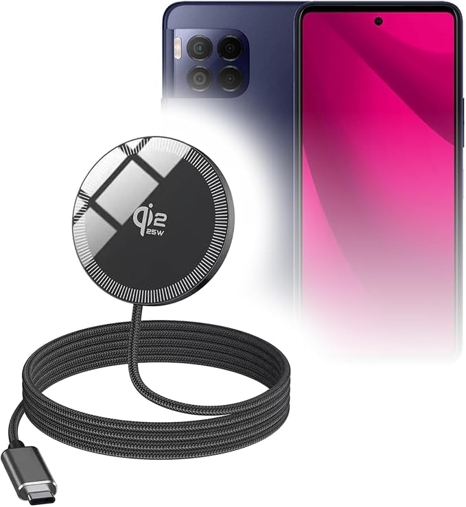 BoxWave Cables &amp Adapters Compatible with T-Mobile REVVL 7 Pro 5G - MagnetoDisc Wireless Charger Compatible with Qi2 (25W) Charging Standard Circular Magnet Desktop Travel Disc - Jet Black