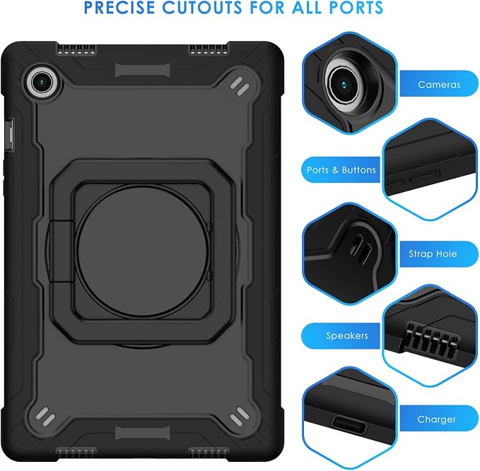 DETUOSI Galaxy Tab A8 Case - Shockproof with 360 Stand &amp Strap Heavy Duty for SM-X200/X205/X207 Black