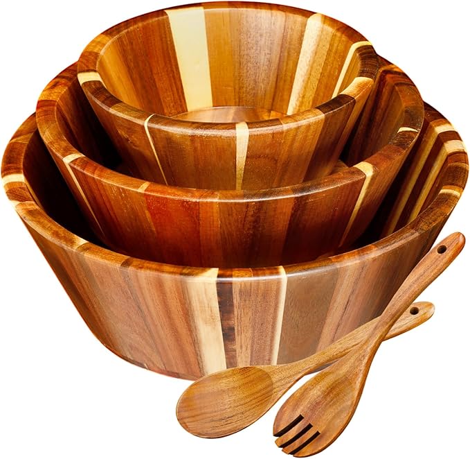 Yunlly Wooden Salad Bowl Set of 5 - Large Fruit Mixing Bowls with Salad Servers Utensils for Serving Dining Accessory - Handmade - Acacia Wood - Large 12", Medium 10", Small 8"(Round Design)
